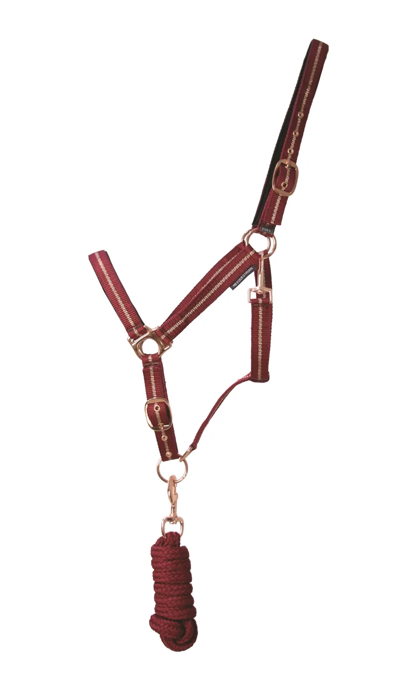 Hy Equestrian Rose Glitter Head Collar and Lead Rope Set - Burgundy